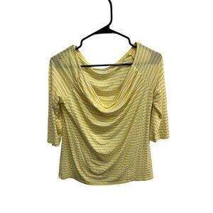 Calvin Klein Jeans Yellow White Striped Drape Neck 3/4 Sleeve Top Sz S